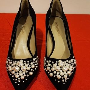 BLACK SUEDE PUMPS WITH CRYSTALS AND PEARLS